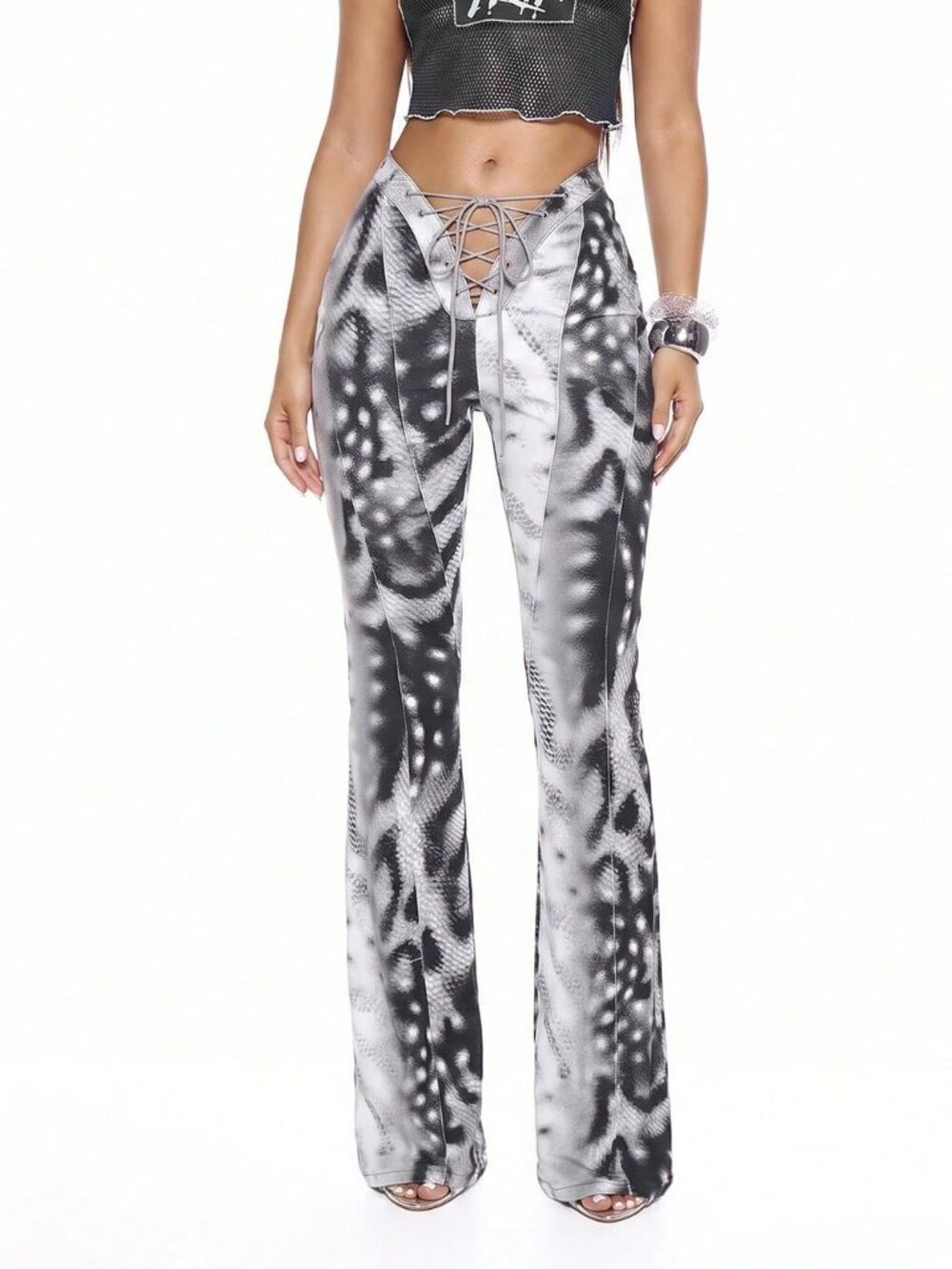 Black Casual Women's Mixed Print Tie Front Flared Low Waist Skinny Jeans